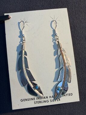 Navajo Billy Long 925 Sterling Silver Feather Turquoise Earrings Signed Native
